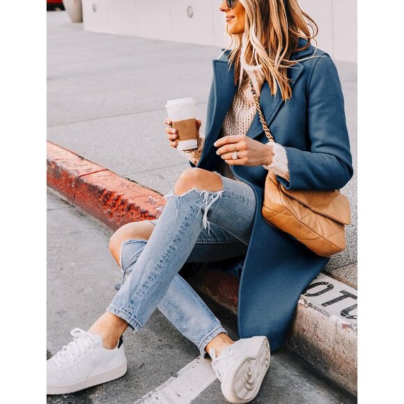 Women's Blue Winter Wool Coat Casual Notch Lapel Single-Breasted Peacoat - Picture 3 of 6